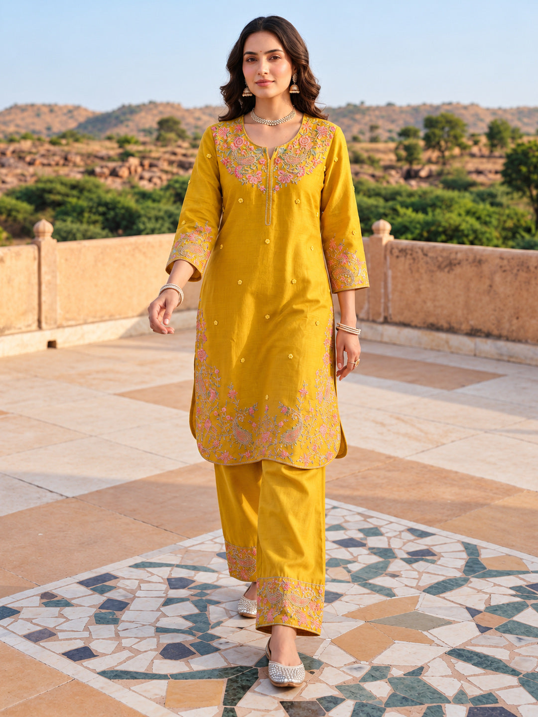 Mustard Mul Chanderi Embroidered Kurta Set