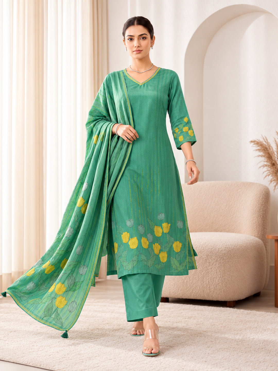 Emerald Light Green Silk Blend Kurta Set with Floral Dupatta