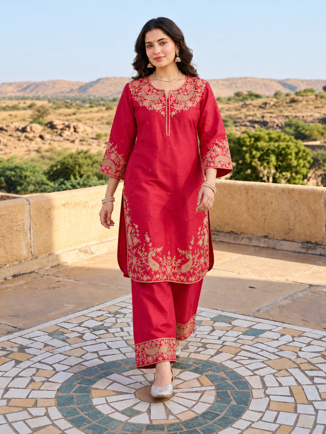 Pink Mul Chanderi Embroidered Kurta Set