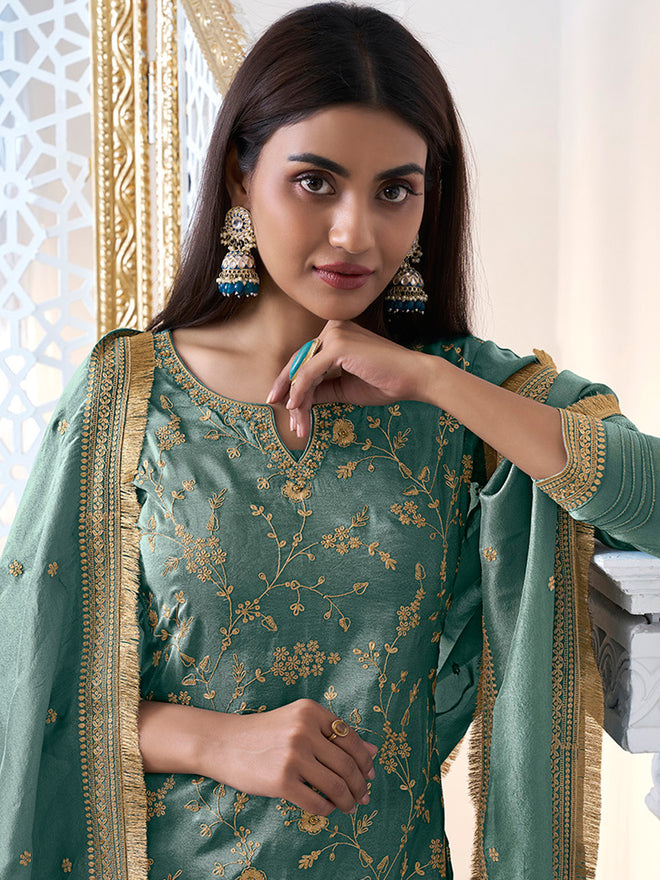 Turquoise Tissue with Pitta work Gold Jhalar Dupatta Sharara Suit Set