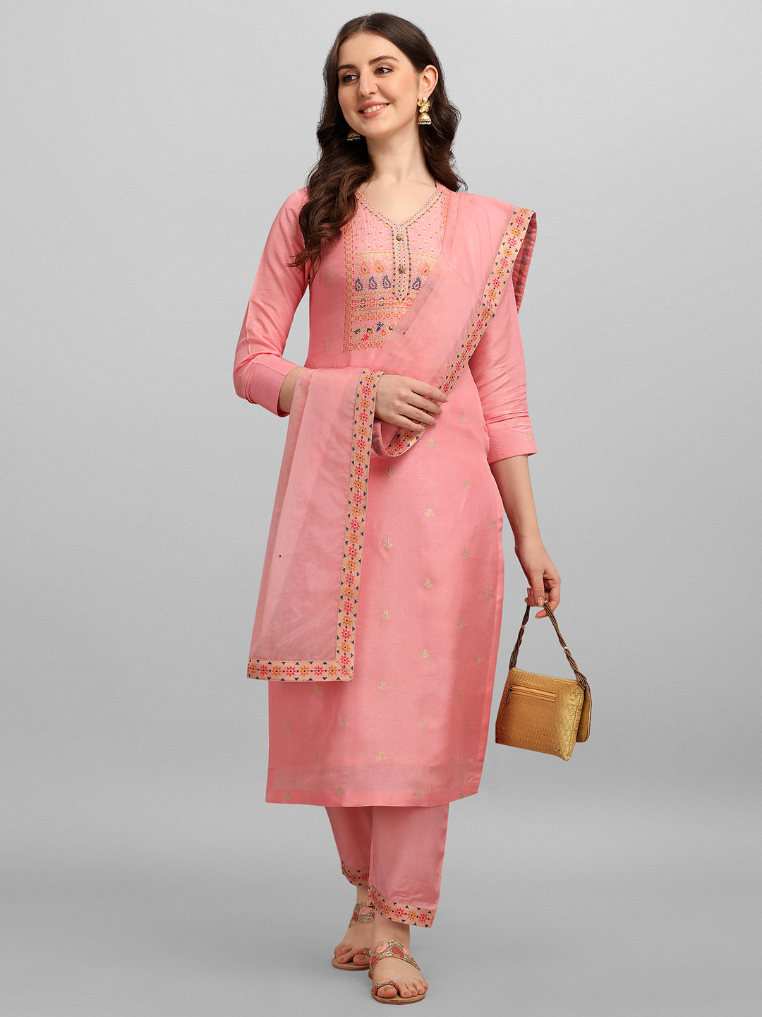 Peachish Pink Meena Jacquard Kurta Suit Set Product vendor