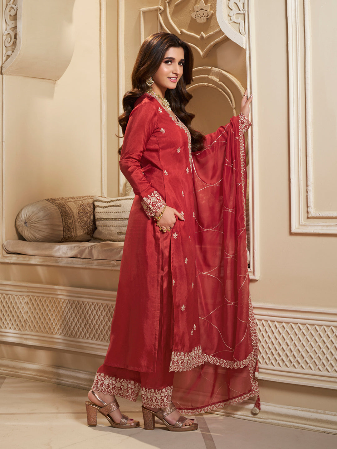 Floral + Geometric thread work & Hanging Pearl on Daman Kurta With Straight Pant & Dupatta Product vendor