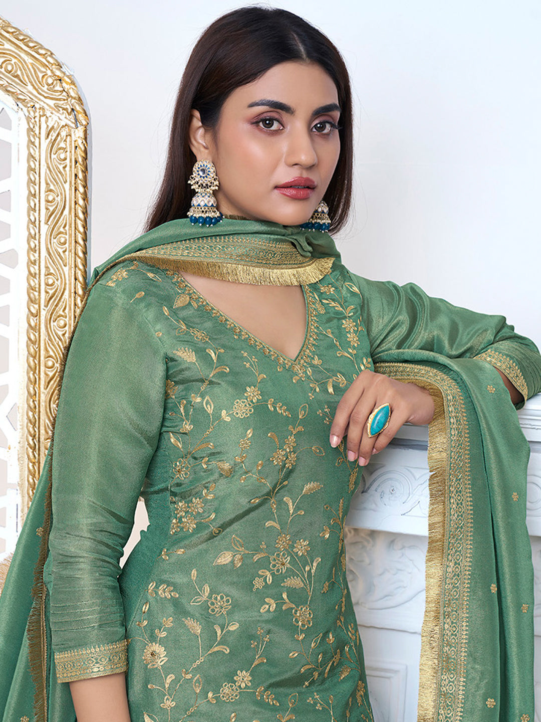 Lime Green Sharara Suit Set in Tissue with Pitta Work Dupatta