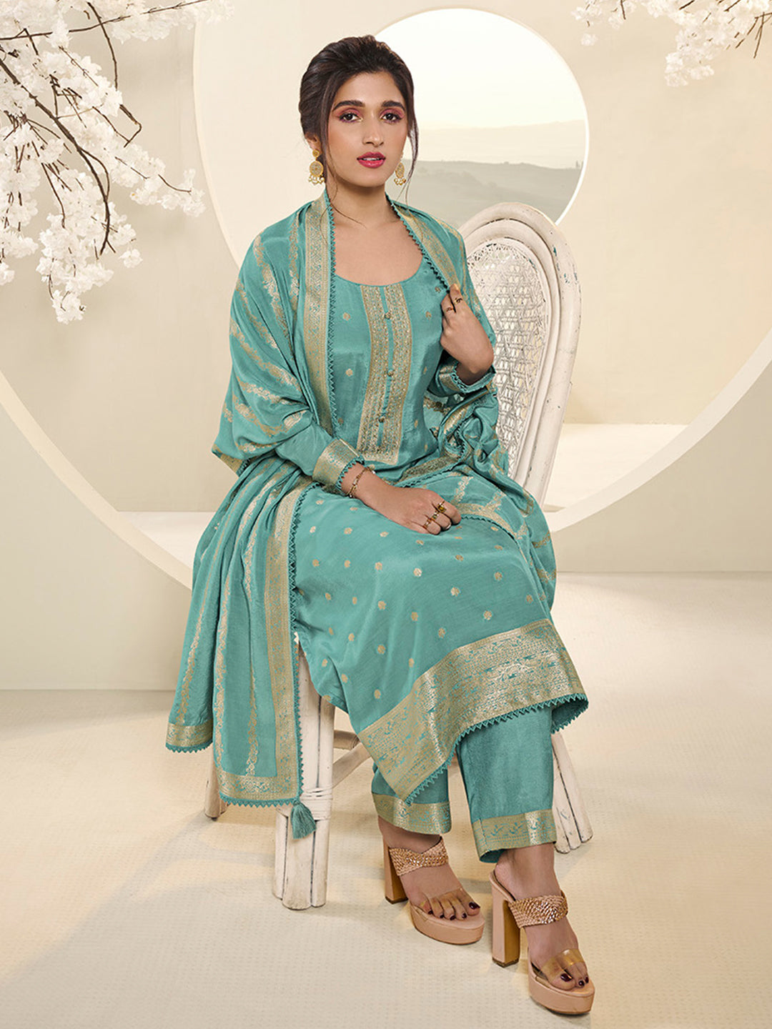 Sea Green Muslin Jacquard Kurta Suit Set with Champagne Thread Weave & Pencil Sketch Weave Yoke Product vendor