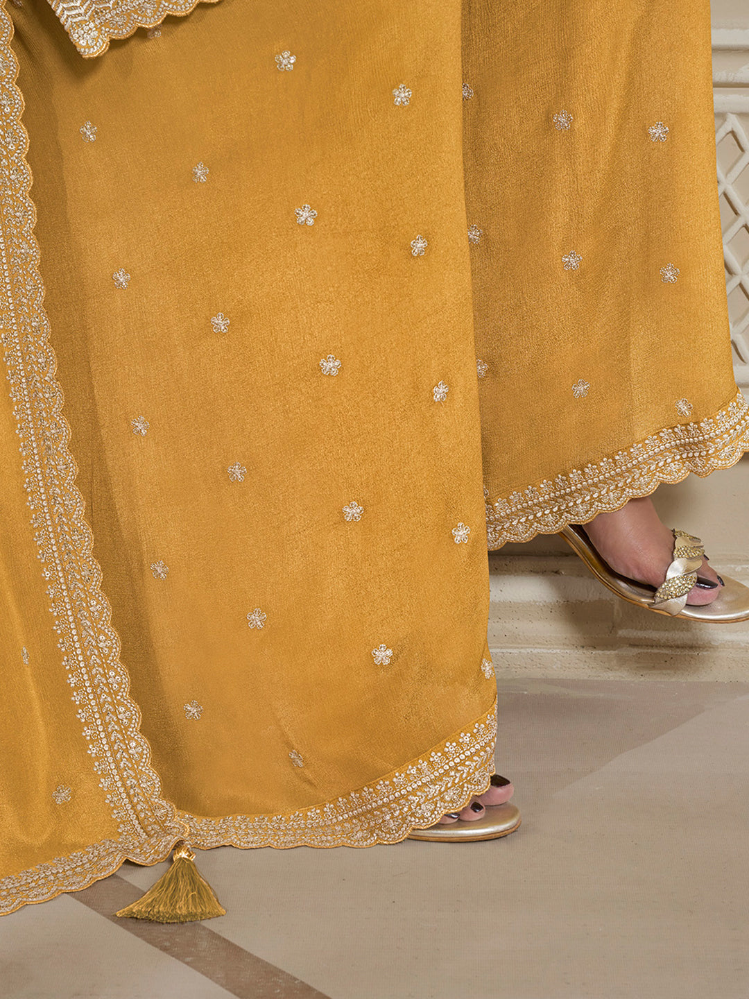 Yellow Floral Pattern, Thread & Sequins Embroidered Sharara Suit Set Product vendor