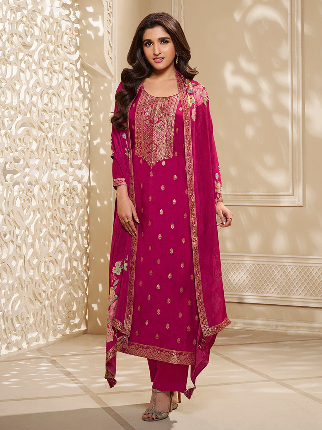 Dola Silk Jacquard Kurta With designer Yoke and handwork  with trousers and Dupatta Product vendor