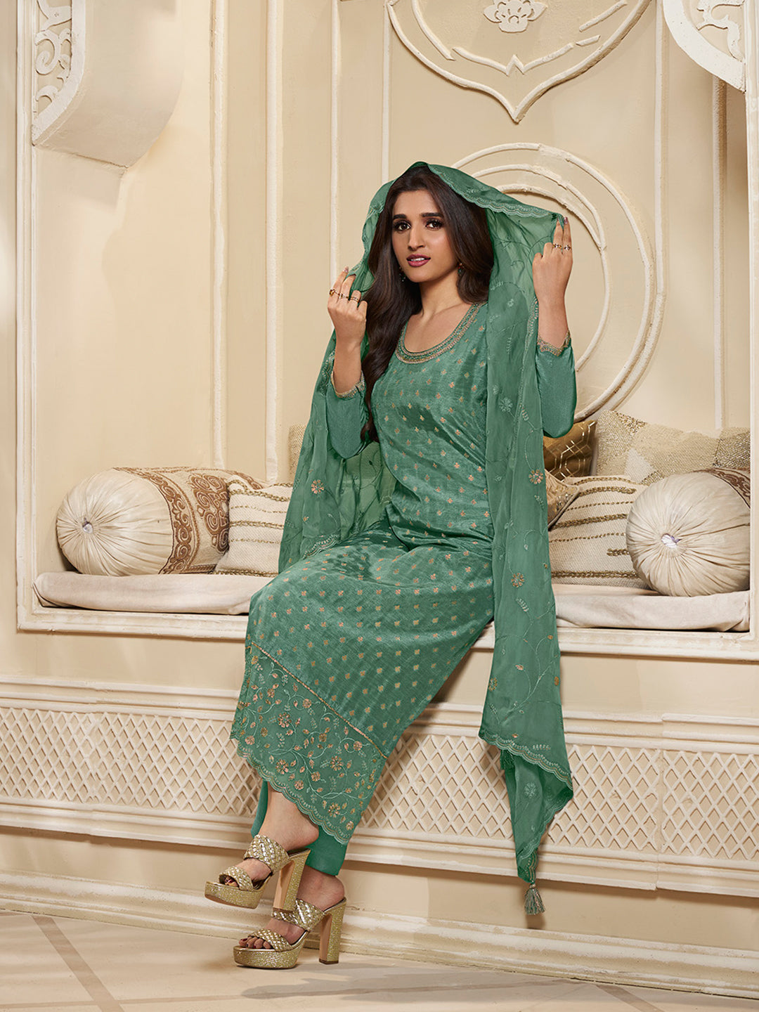 Green Dola Jacquard Kurta Suit Set with Embroidered with Thread & Sequins Work Product vendor