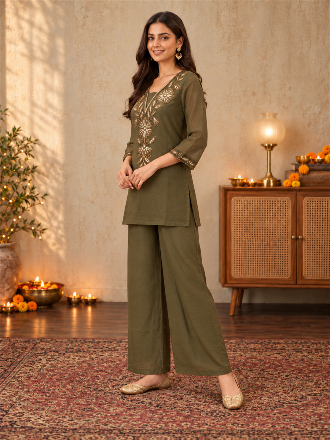 Olive Green Mul Chanderi Embroidered Kurta Palazzo Set