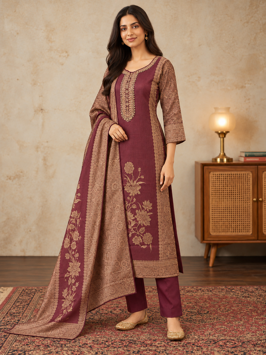 Wine Silk Blend Printed Kurta Pant Set with Dupatta