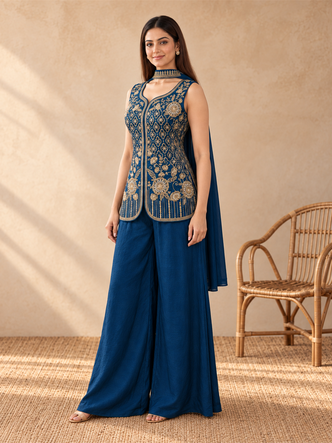 Royal Blue Pure Silk Embroidered Indo-Western Sharara Set