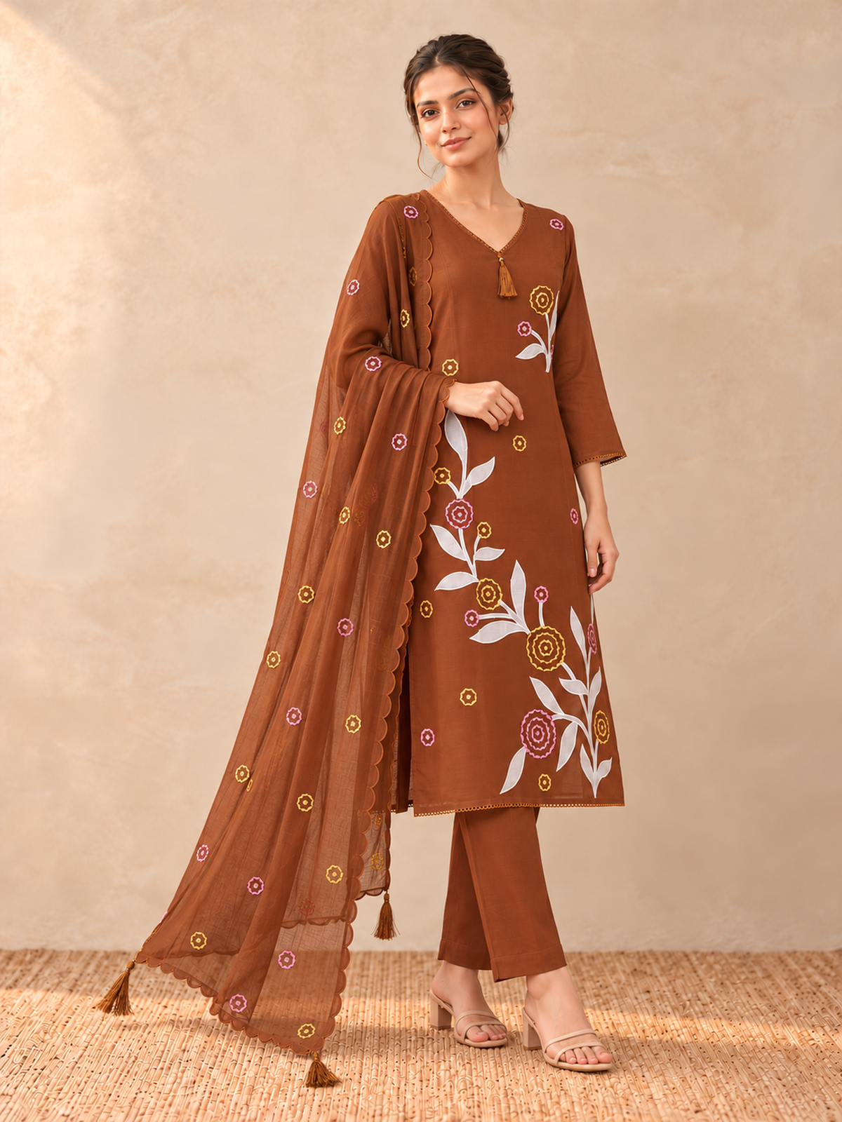 Rust Brown Floral Embroidered Mul Chanderi Kurta Set with Dupatta