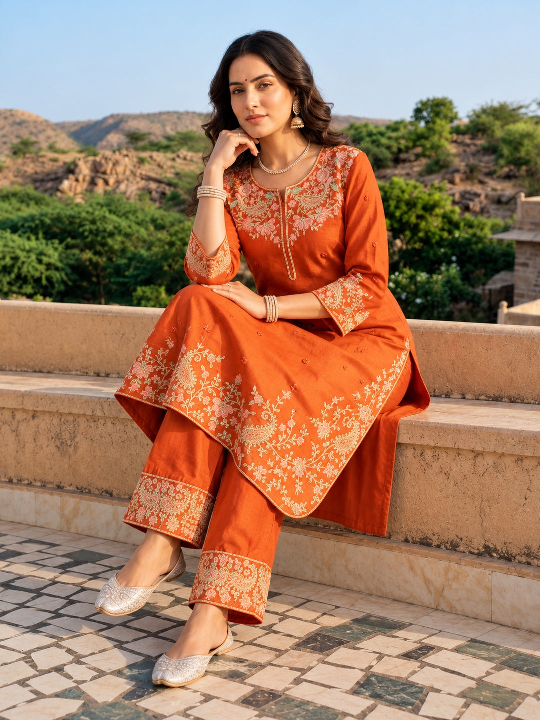 Rust Orange Mul Chanderi Embroidered Kurta Set