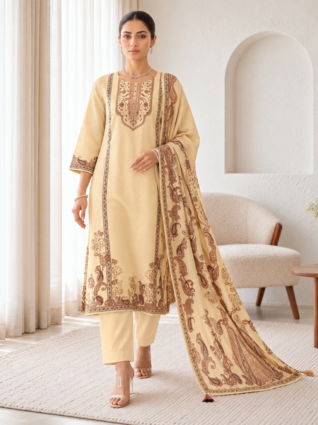 Ivory Silk Blend Printed Kurta Pant Set with Dupatta