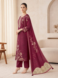 Women's Wine Floral Kurta Set with Dupatta