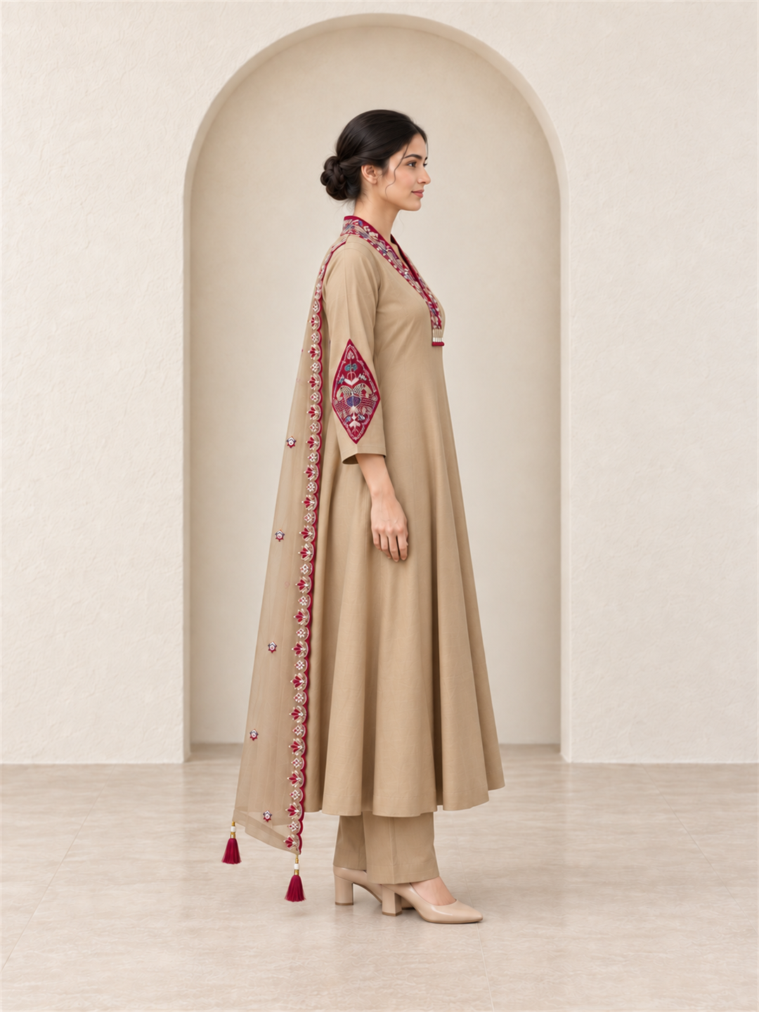 Beige Chanderi Silk Embroidered Anarkali Suit with Dupatta