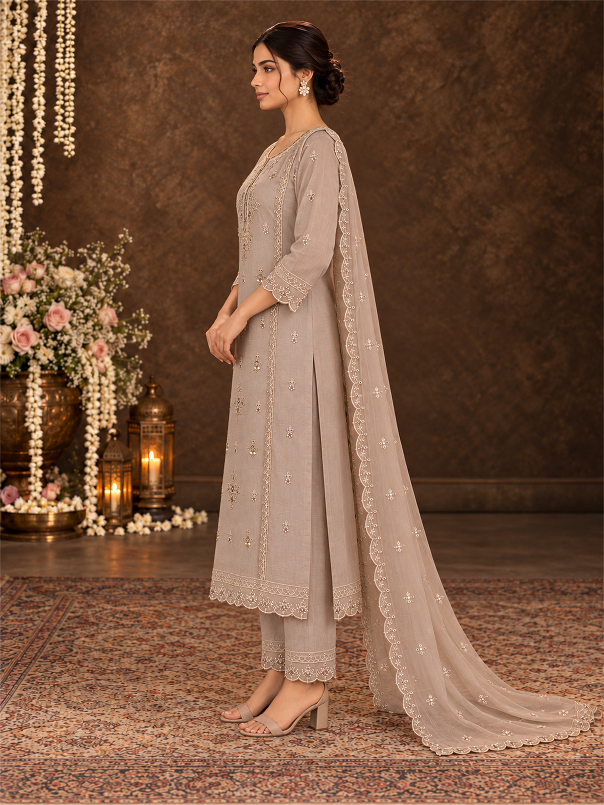 Beige Floral Embroidered Mul Chanderi Straight Kurta Trouser Set with Dupatta