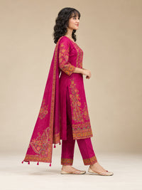 Women Rani-Pink Floral Embroidered Cotton-Silk Kurta with Trousers & With Dupatta