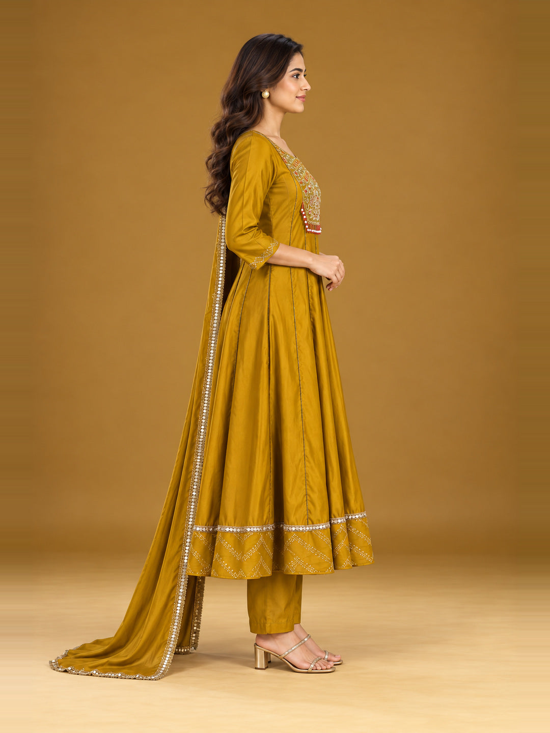 Mustard Embroidered Anarkali Set with Dupatta – side view