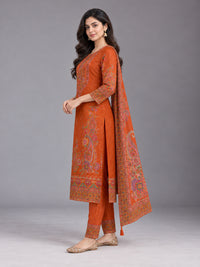 Rust Orange Floral Printed Cotton-Silk Kurta Set with Dupatta