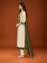 Ivory Floral Yoke Kurta Set with Olive Green Dupatta