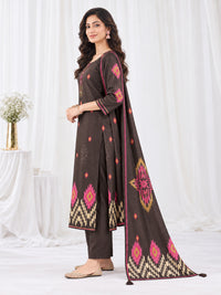 Women's Dark Brown Geometric Printed Kurta Set with Dupatta