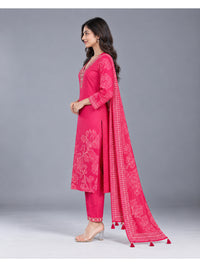 Pink Floral Printed Cotton- Silk Kurta Set with Dupatta