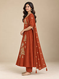 Brown Embroidered Chanderi-Silk Anarkali Set with Dupatta