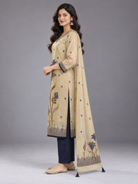 Beige and Navy Floral Kurta Set with Dupatta