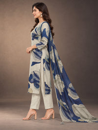 Women's Beige & Navy Blue Printed Kurta Set with Dupatta