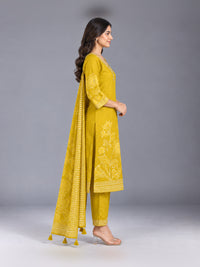 Yellow Floral Printed Cotton-Silk Kurta Set with Dupatta