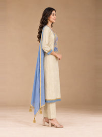 Ivory Floral Yoke Kurta Set with Blue Dupatta