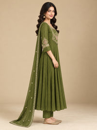 Olive Green Embroidered Chanderi-Silk Anarkali Set with Dupatta