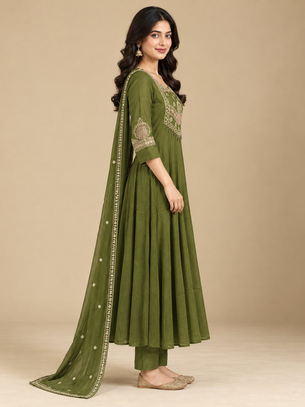 Olive Green Embroidered Chanderi-Silk Anarkali Set with Dupatta