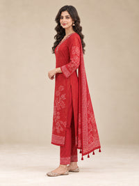 Red Floral Printed Cotton-Silk Kurta Set with Dupatta