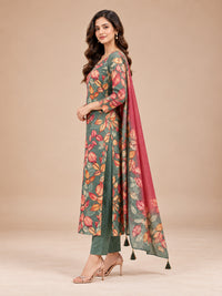 Women's Sage Green Leaf Printed Kurta Set with Dupatta