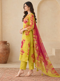 Women's Yellow & Magenta Floral Printed Kurta Set with Dupatta