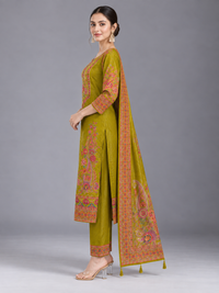 Women Floral Embroidered Cotton-Silk Kurta with Trousers & With Dupatta