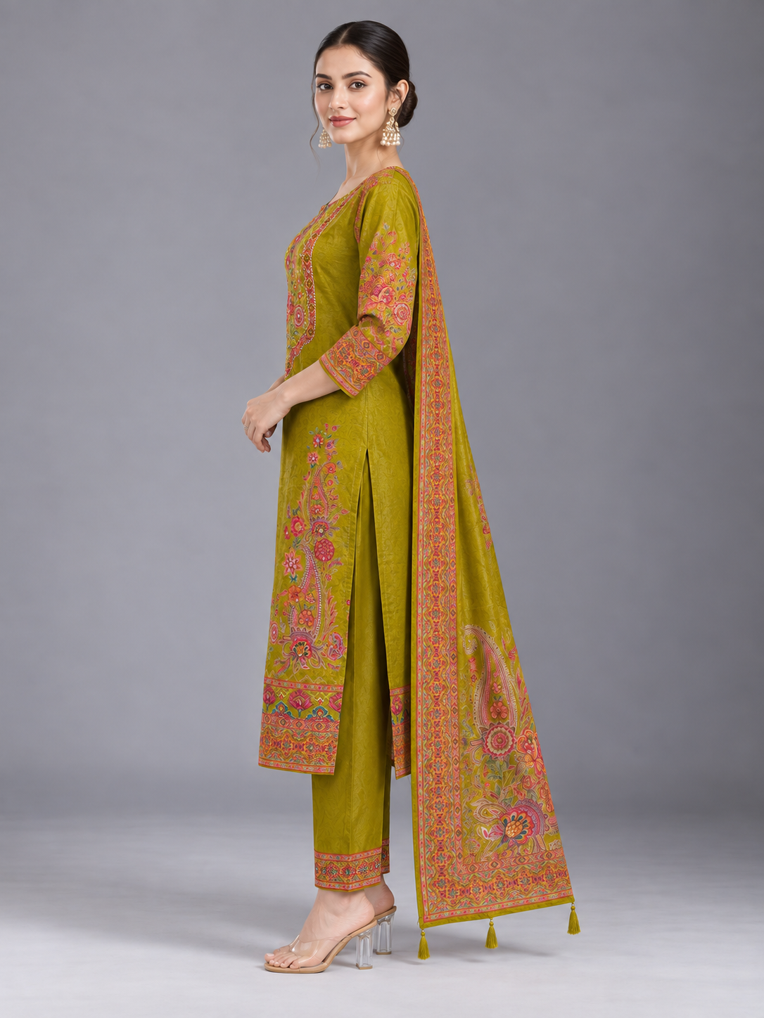 Women Floral Embroidered Cotton-Silk Kurta with Trousers & With Dupatta