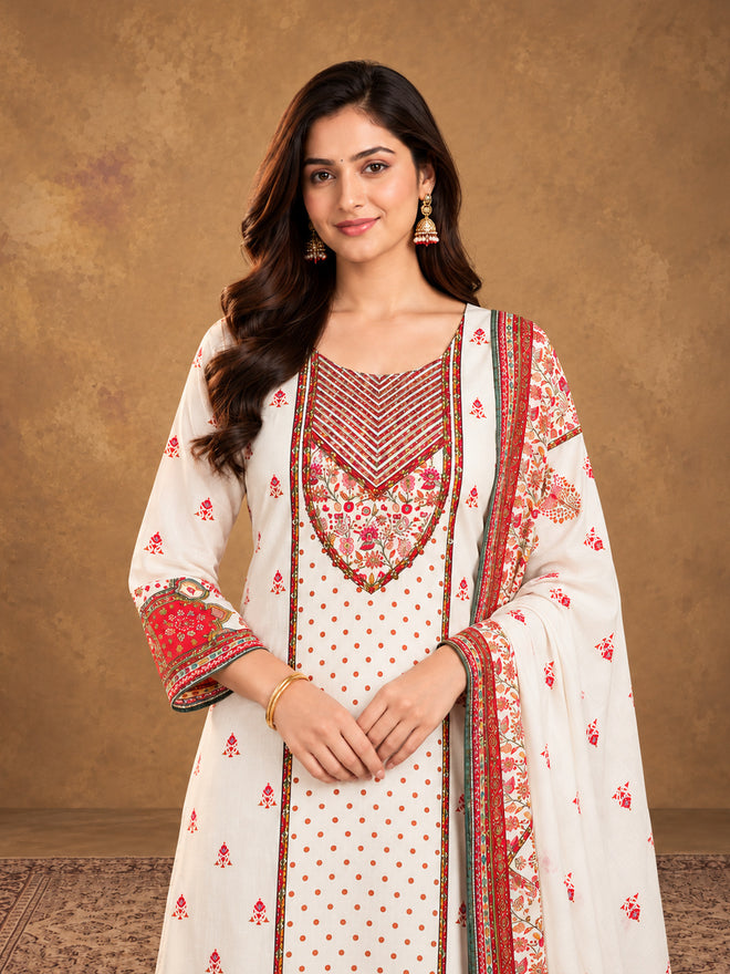 Off white  Floral Embroidered Cotton-Silk Kurta with Trousers & With Dupatta