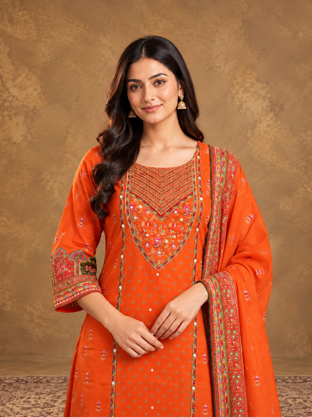 Orange Floral Embroidered Cotton-Silk Kurta with Trousers & With Dupatta