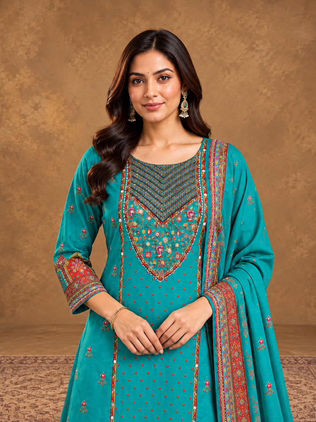 Turquoise Floral Embroidered Cotton-Silk Kurta with Trousers & With Dupatta