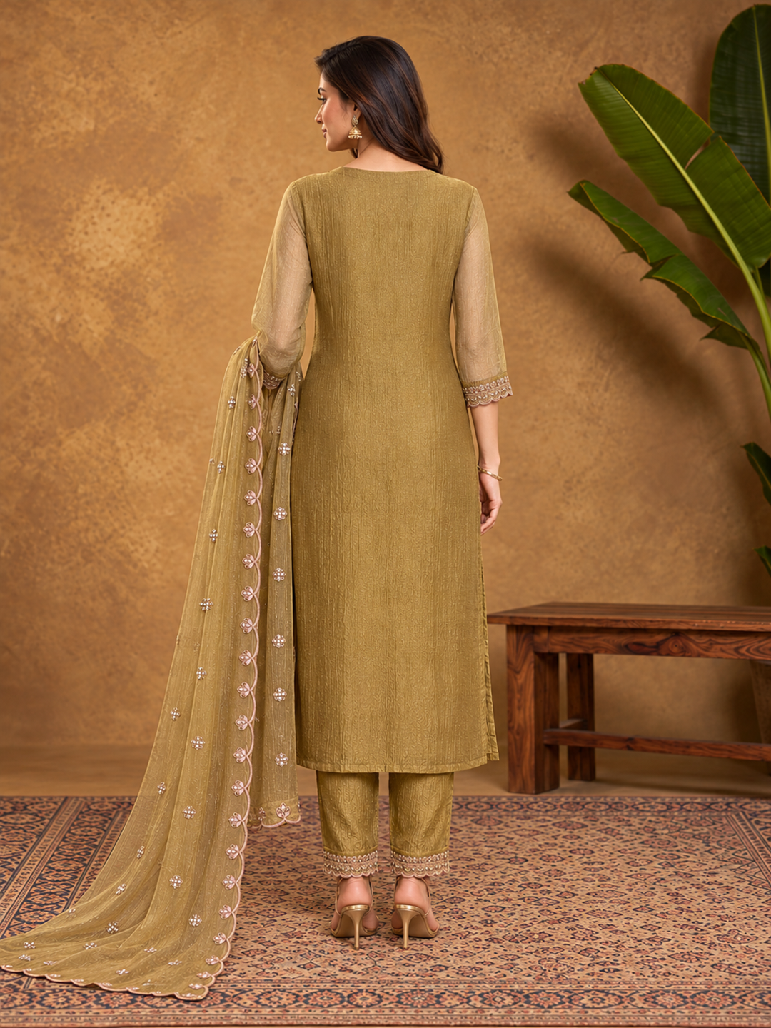 Antique Gold Embroidered Poly Silk Suit Set
