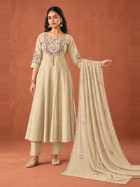 Beige Embroidered Chanderi-Silk Anarkali Set with Dupatta