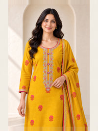 Women's Yellow Chanderi Cotton Embroidered Kurta With Trouser And Dupatta