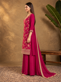 Bright Pink Embroidered Silk Blend Sharara Suit with Dupatta