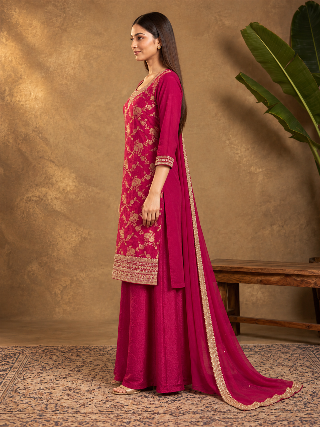 Bright Pink Embroidered Silk Blend Sharara Suit with Dupatta