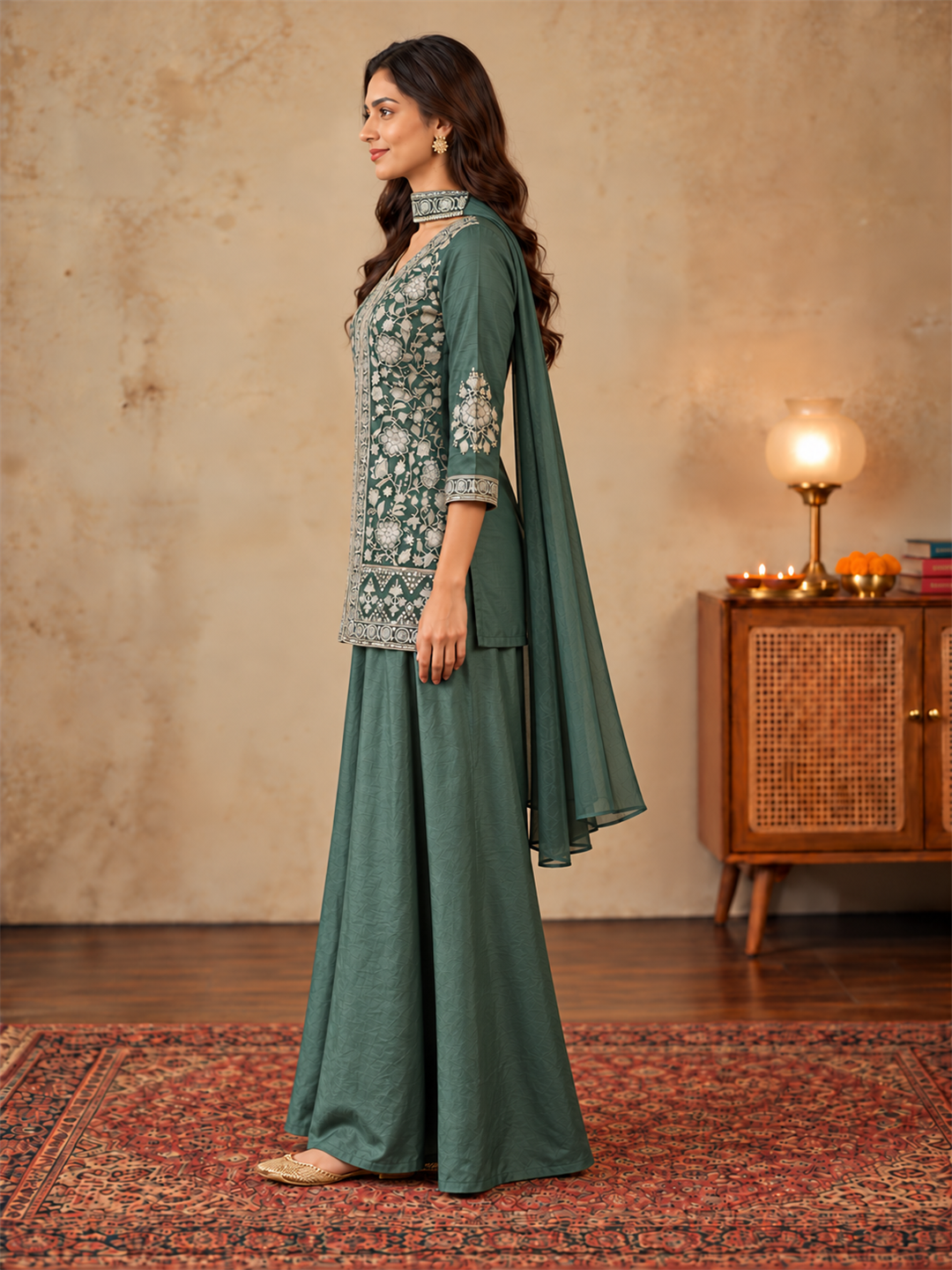 Olive Green Pure Silk Embroidered Kurta Sharara Set with Cape Dupatta