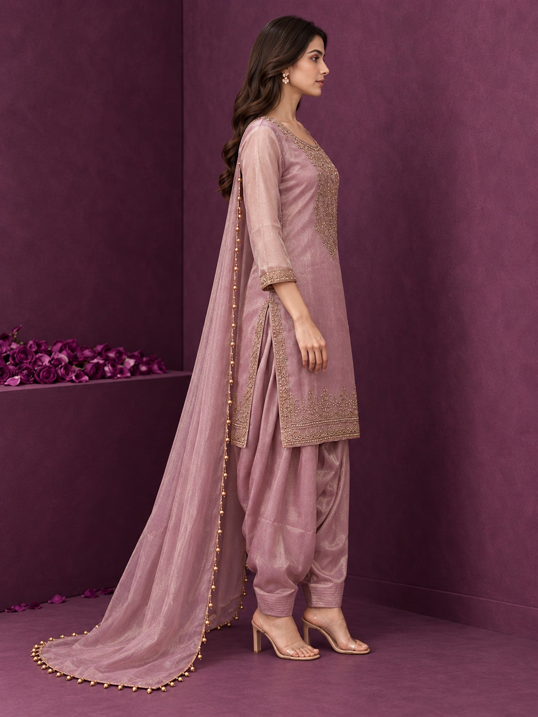 Mauve Pink Pure Silk Embroidered Punjabi Suit with Pearl-Trimmed Dupatta