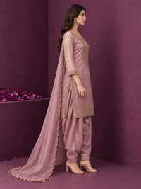 Mauve Pink Pure Silk Embroidered Punjabi Suit with Pearl-Trimmed Dupatta