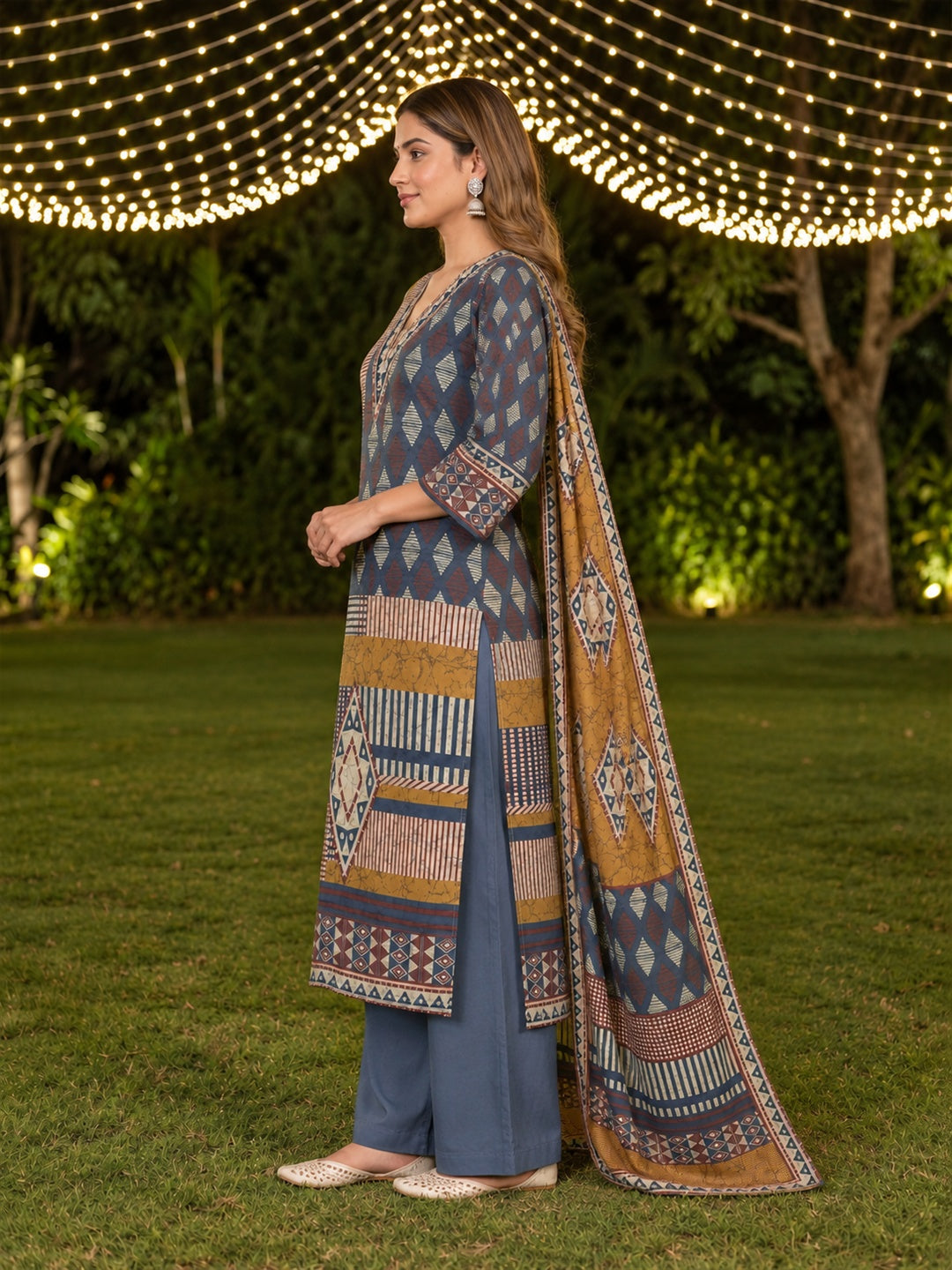 Mustard & Slate Blue Geometric Printed Silk Blend Kurta Trouser Set with Dupatta